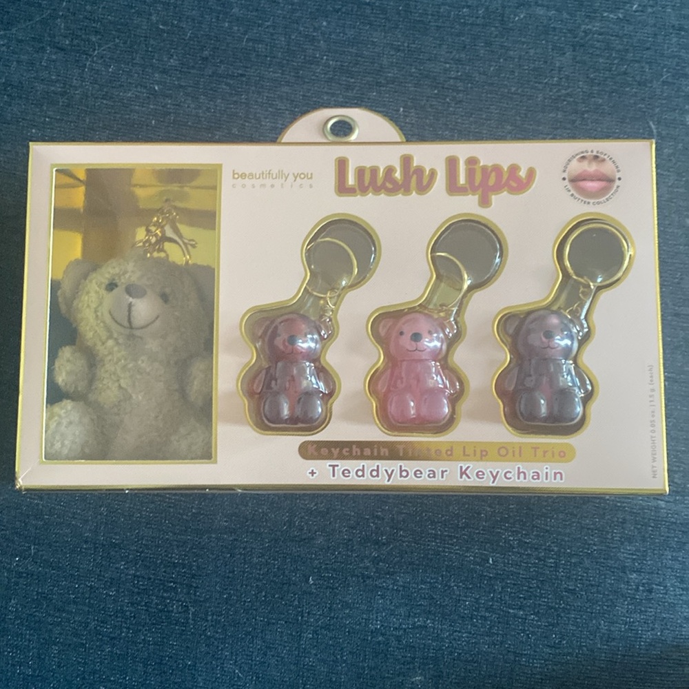 Lush Lips Teddy Bear Keychain Tinted Lip Oil Trio & Teddy Bear Bag Charm